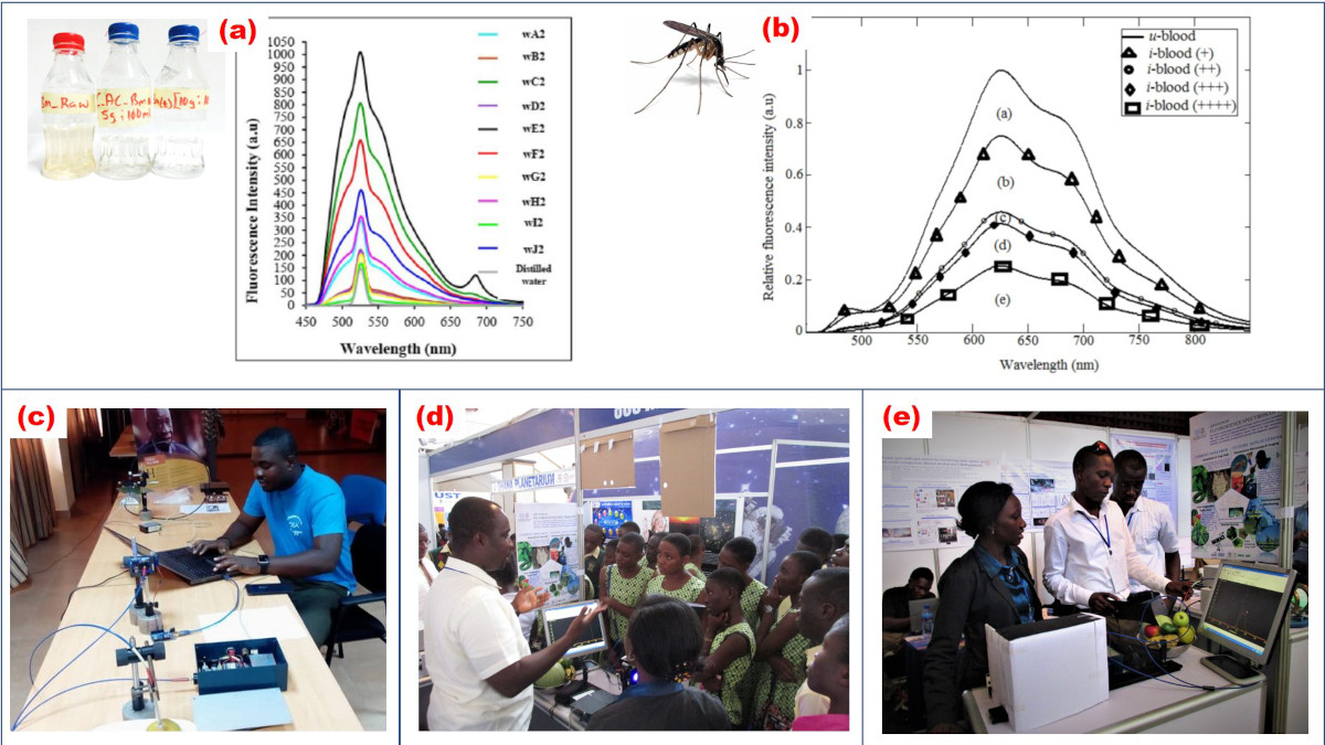 Figure 1: (a-b) Excerpts of results with LIF technique on water and malaria parasite density. Research group member of LAFOC (c) operating the Fluorosensor device (d) demonstrating the LIF technique to high school students and (e) conducting measurement on fruit samples.